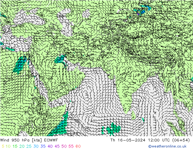 Wind 950 hPa ECMWF Čt 16.05.2024 12 UTC