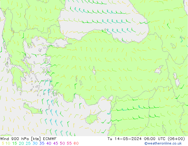 wiatr 900 hPa ECMWF wto. 14.05.2024 06 UTC