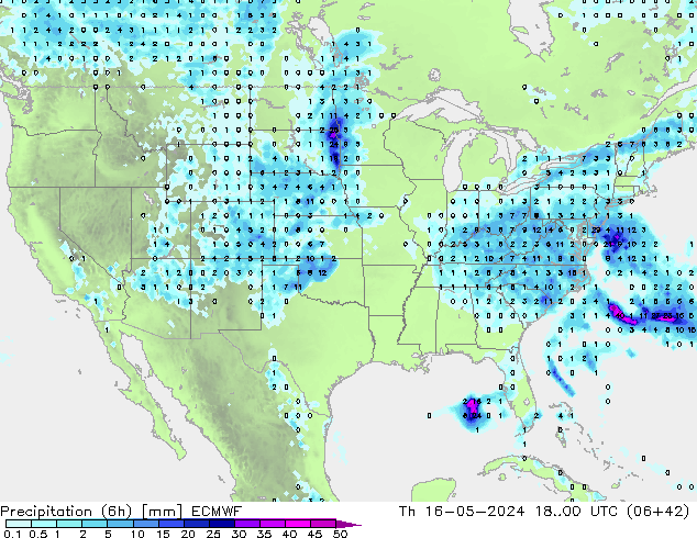 Precipitation (6h) ECMWF Th 16.05.2024 00 UTC