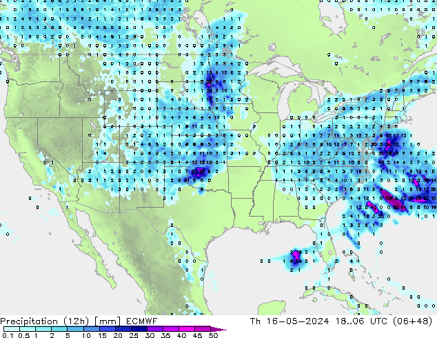 Precipitation (12h) ECMWF Th 16.05.2024 06 UTC
