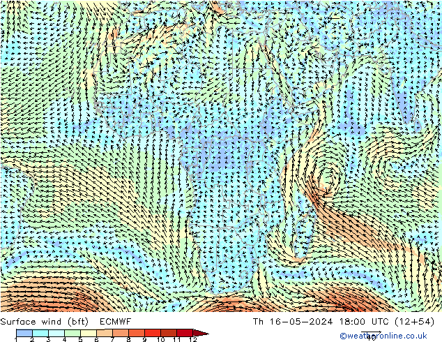 Surface wind (bft) ECMWF Čt 16.05.2024 18 UTC