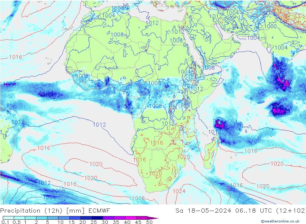 Precipitation (12h) ECMWF Sa 18.05.2024 18 UTC