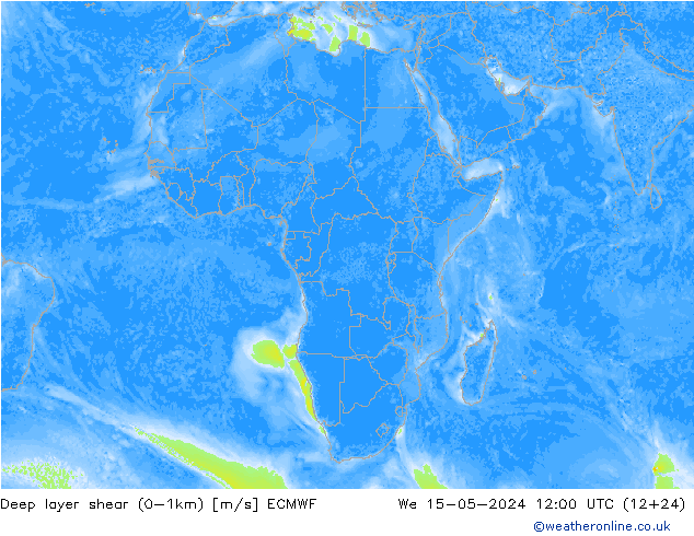 Deep layer shear (0-1km) ECMWF Qua 15.05.2024 12 UTC