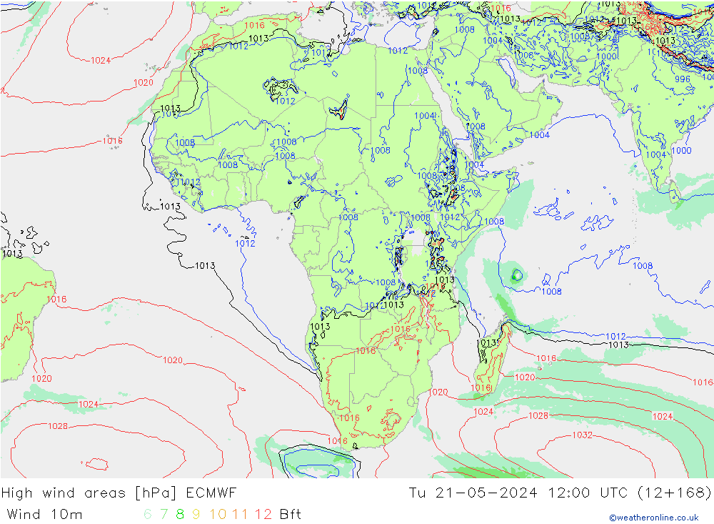 High wind areas ECMWF Út 21.05.2024 12 UTC