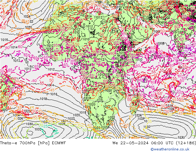 Theta-e 700hPa ECMWF Qua 22.05.2024 06 UTC