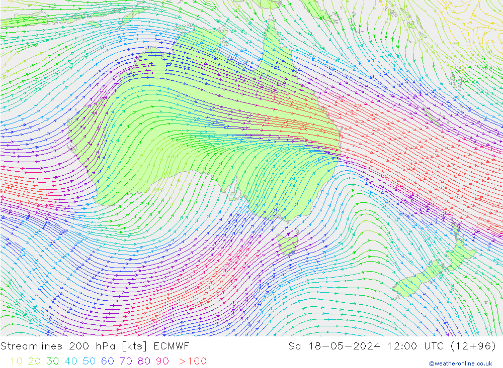 Linha de corrente 200 hPa ECMWF Sáb 18.05.2024 12 UTC