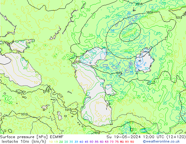 Eşrüzgar Hızları (km/sa) ECMWF Paz 19.05.2024 12 UTC