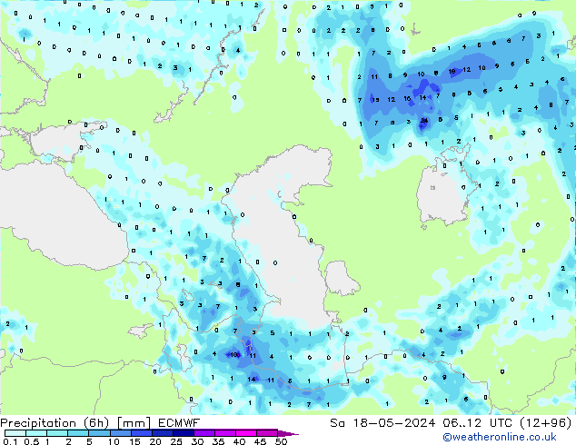 Precipitation (6h) ECMWF Sa 18.05.2024 12 UTC