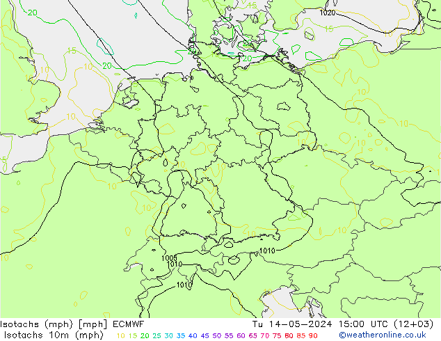Isotachs (mph) ECMWF 星期二 14.05.2024 15 UTC