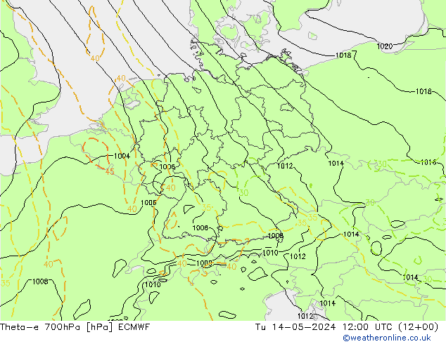 Theta-e 700hPa ECMWF 星期二 14.05.2024 12 UTC