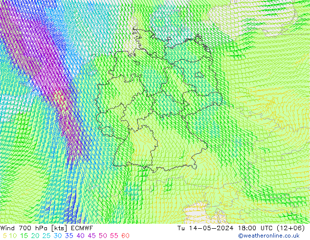 风 700 hPa ECMWF 星期二 14.05.2024 18 UTC