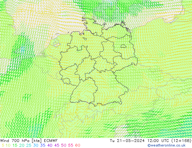 Wind 700 hPa ECMWF di 21.05.2024 12 UTC