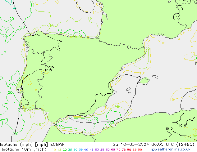 Izotacha (mph) ECMWF so. 18.05.2024 06 UTC
