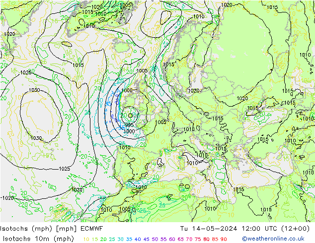 Isotachs (mph) ECMWF Tu 14.05.2024 12 UTC