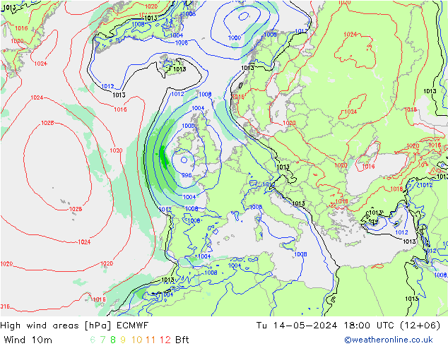High wind areas ECMWF mar 14.05.2024 18 UTC