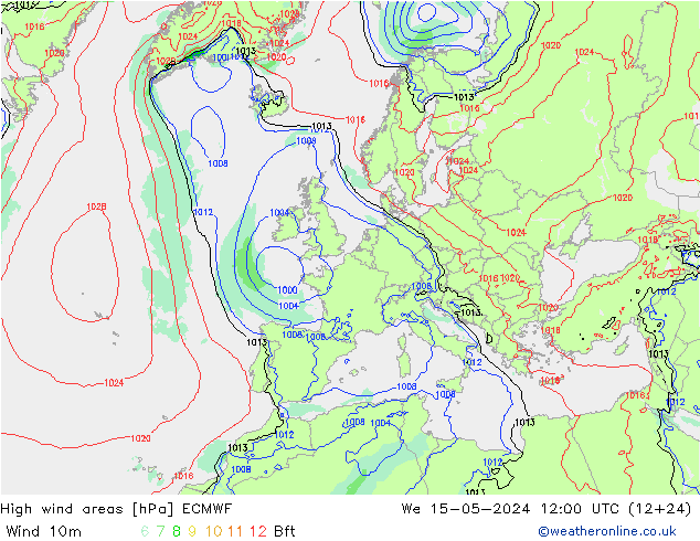 High wind areas ECMWF 星期三 15.05.2024 12 UTC