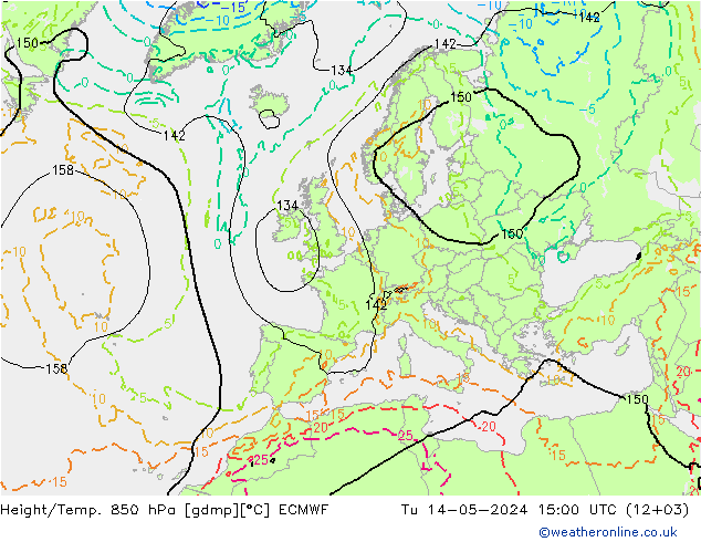 Height/Temp. 850 гПа ECMWF вт 14.05.2024 15 UTC