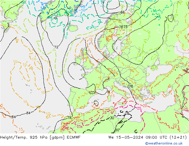 Geop./Temp. 925 hPa ECMWF mié 15.05.2024 09 UTC