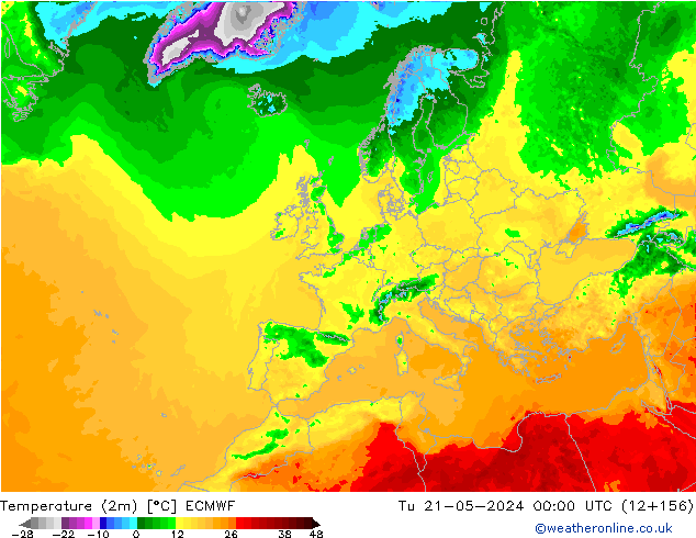 mapa temperatury (2m) ECMWF wto. 21.05.2024 00 UTC