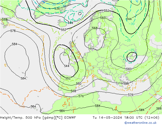 Z500/Rain (+SLP)/Z850 ECMWF wto. 14.05.2024 18 UTC