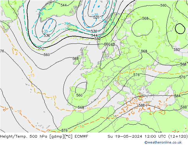 Z500/Rain (+SLP)/Z850 ECMWF dom 19.05.2024 12 UTC