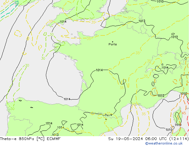 Theta-e 850hPa ECMWF zo 19.05.2024 06 UTC