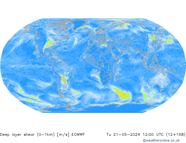 Deep layer shear (0-1km) ECMWF вт 21.05.2024 12 UTC