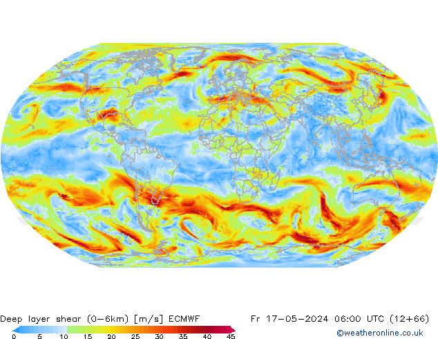 Deep layer shear (0-6km) ECMWF Fr 17.05.2024 06 UTC