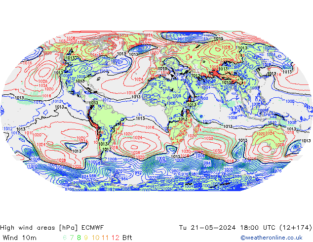High wind areas ECMWF вт 21.05.2024 18 UTC