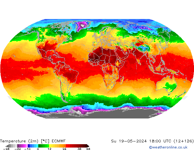 Temperatuurkaart (2m) ECMWF zo 19.05.2024 18 UTC