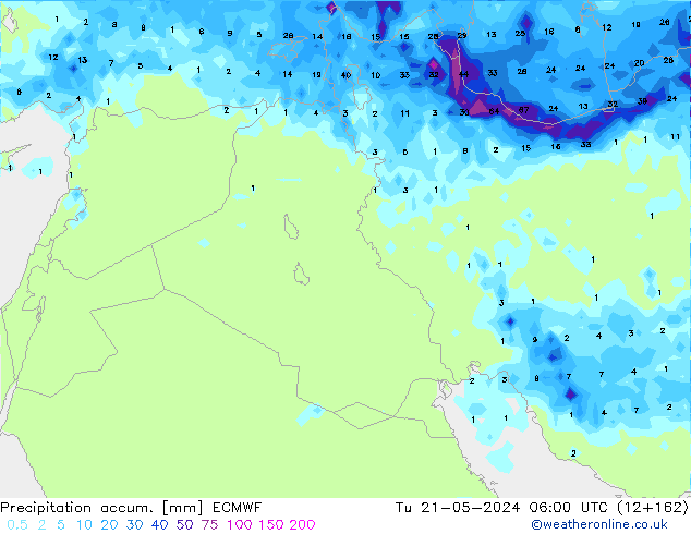 Precipitation accum. ECMWF Tu 21.05.2024 06 UTC