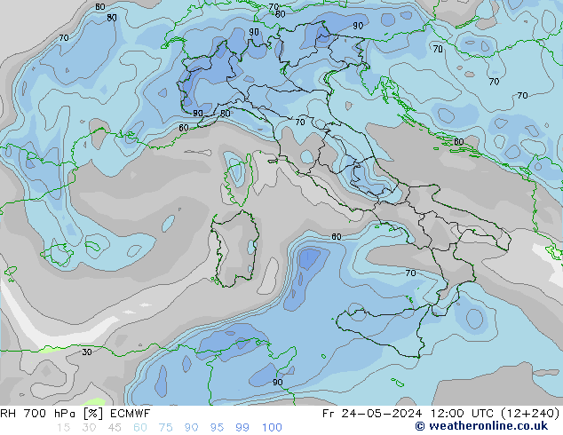 Humidité rel. 700 hPa ECMWF ven 24.05.2024 12 UTC