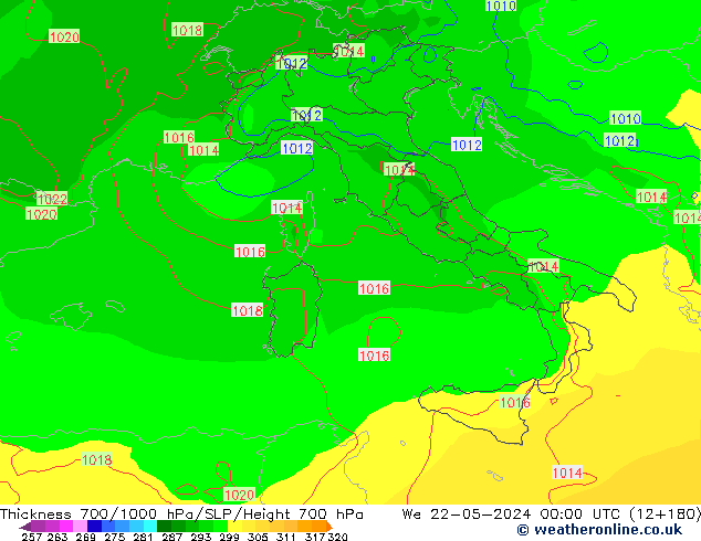 Thck 700-1000 гПа ECMWF ср 22.05.2024 00 UTC