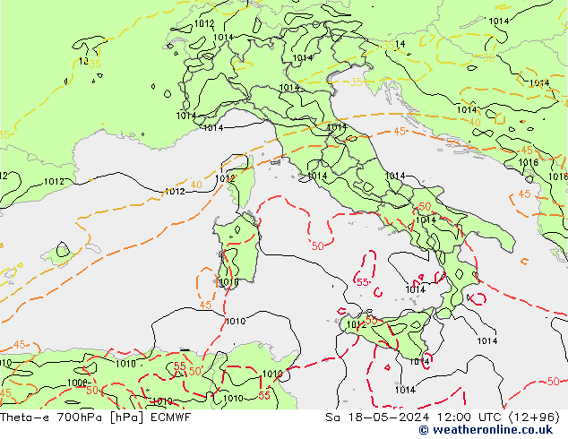 Theta-e 700hPa ECMWF sab 18.05.2024 12 UTC