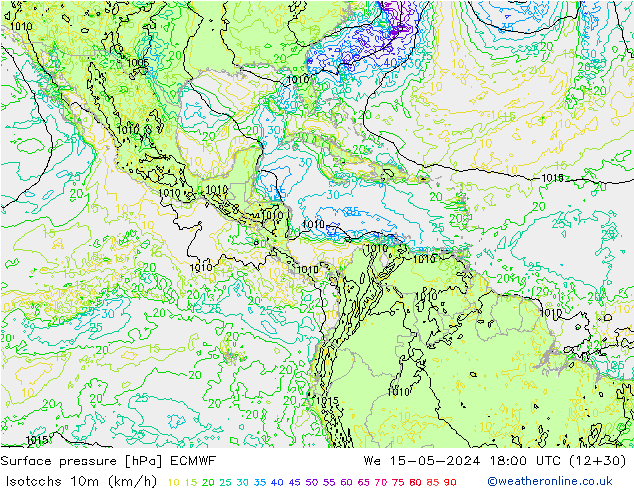 Izotacha (km/godz) ECMWF śro. 15.05.2024 18 UTC