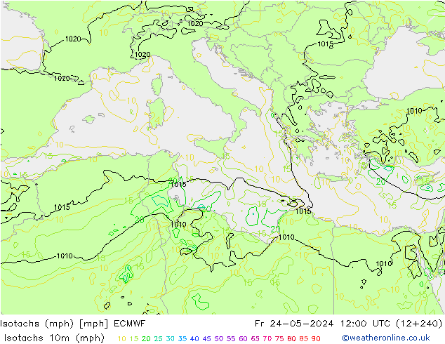 Isotachs (mph) ECMWF ven 24.05.2024 12 UTC