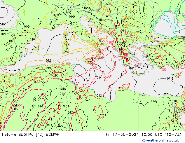 Theta-e 850hPa ECMWF Pá 17.05.2024 12 UTC