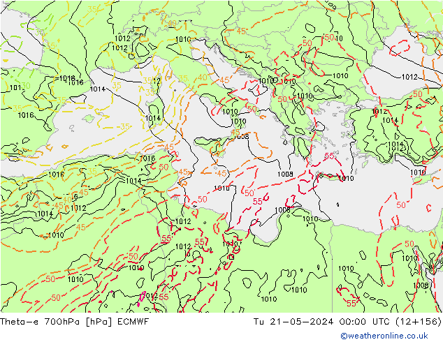 Theta-e 700hPa ECMWF Tu 21.05.2024 00 UTC