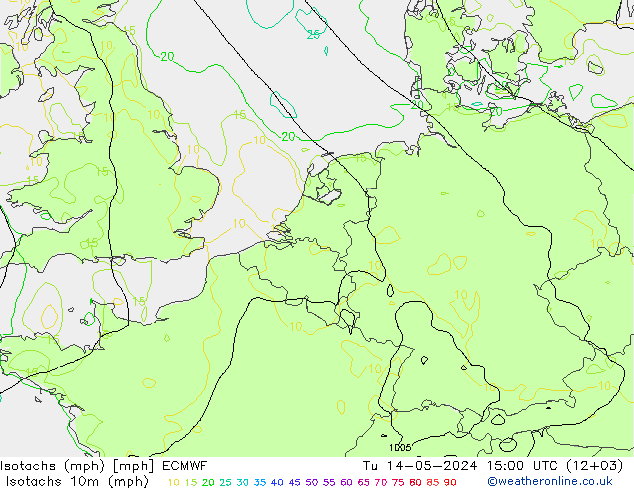 Isotachs (mph) ECMWF 星期二 14.05.2024 15 UTC