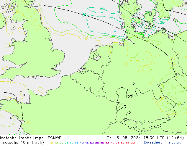 Isotachs (mph) ECMWF Čt 16.05.2024 18 UTC