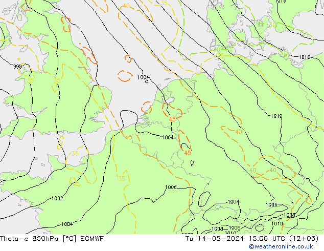 Theta-e 850hPa ECMWF di 14.05.2024 15 UTC