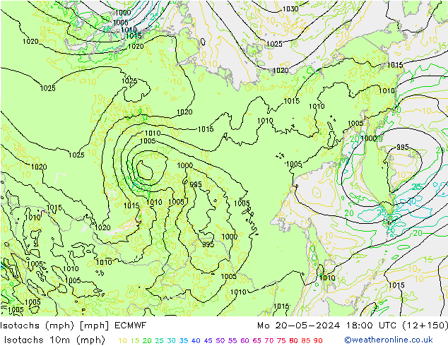 Izotacha (mph) ECMWF pon. 20.05.2024 18 UTC