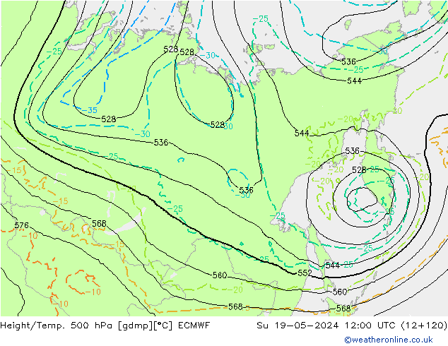 Z500/Rain (+SLP)/Z850 ECMWF Ne 19.05.2024 12 UTC