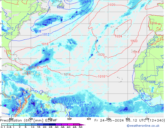 Totale neerslag (6h) ECMWF vr 24.05.2024 12 UTC