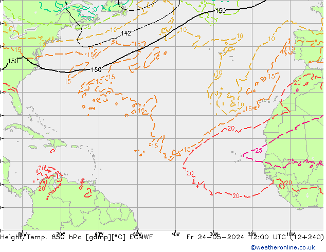 Hoogte/Temp. 850 hPa ECMWF vr 24.05.2024 12 UTC