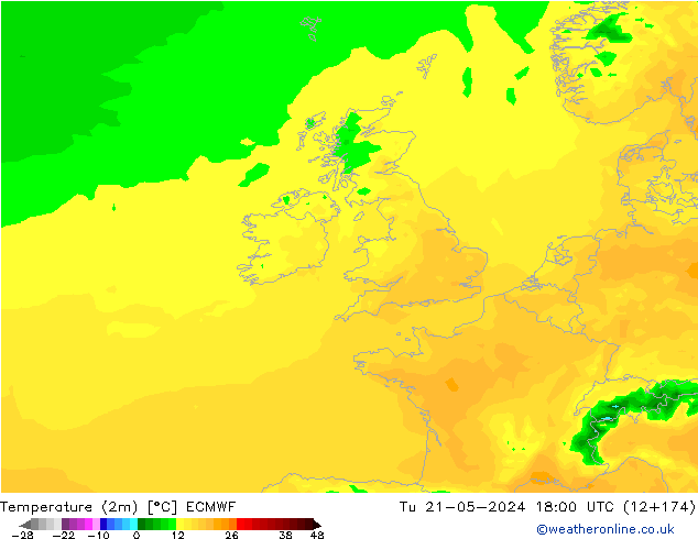 Temperatura (2m) ECMWF Ter 21.05.2024 18 UTC