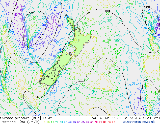 Isotachen (km/h) ECMWF zo 19.05.2024 18 UTC