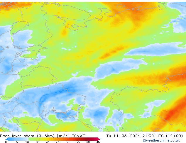 Deep layer shear (0-6km) ECMWF wto. 14.05.2024 21 UTC