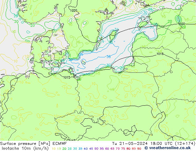 Isotachs (kph) ECMWF Tu 21.05.2024 18 UTC