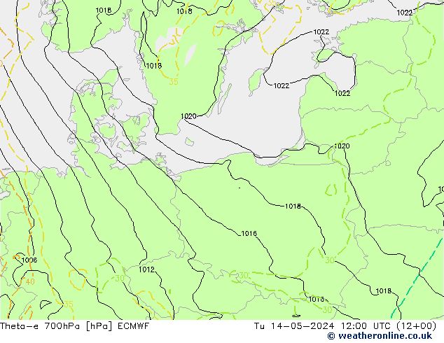 Theta-e 700hPa ECMWF Sa 14.05.2024 12 UTC